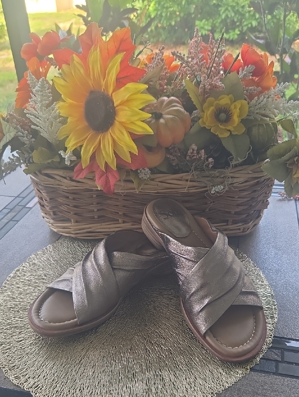 Comfort Metallic Bronze Cross-Band Slide Sandals - Women